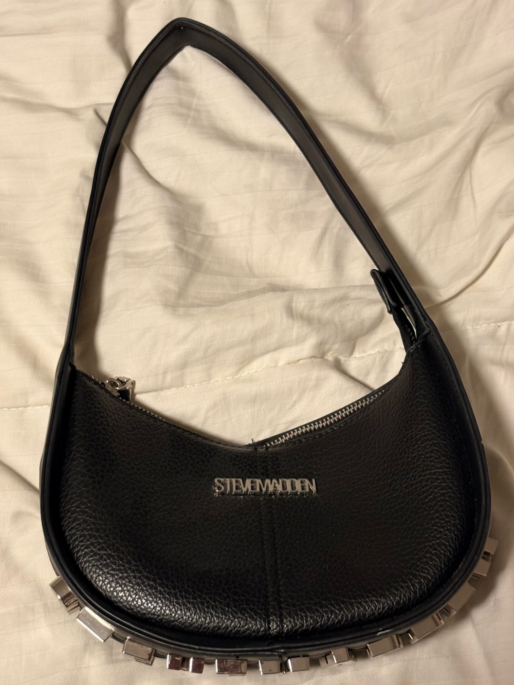 Steven by Steve Madden Black Pebble Leather Shoulder Bag with Silver Hardware